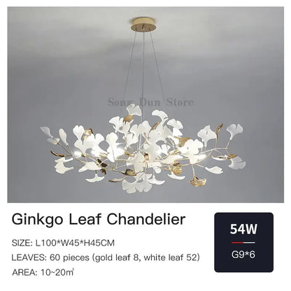 Decorbites ginkgo leaf chandelier featuring elegant white and gold branching design for luxury dining and living rooms