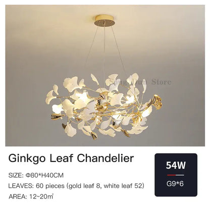 Elegant gold and white DecorBites ginkgo leaf chandelier with modern branching design for dining or living rooms