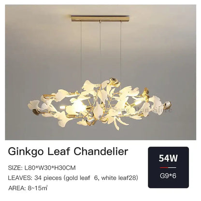 Elegant gold and white decorbites ginkgo leaf chandelier with modern branching design for dining room and bedroom