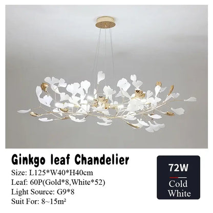 Elegant white and gold decorbites ginkgo leaf chandelier with LED pendant light for living dining and bedroom use