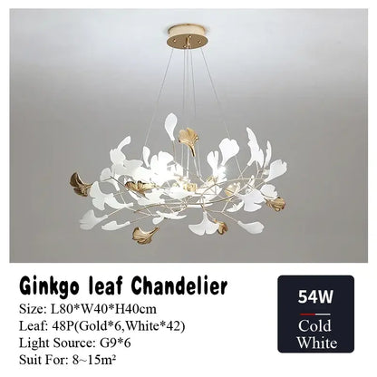 Elegant white and gold DecorBites ginkgo leaf chandelier with modern branching design for living and dining rooms