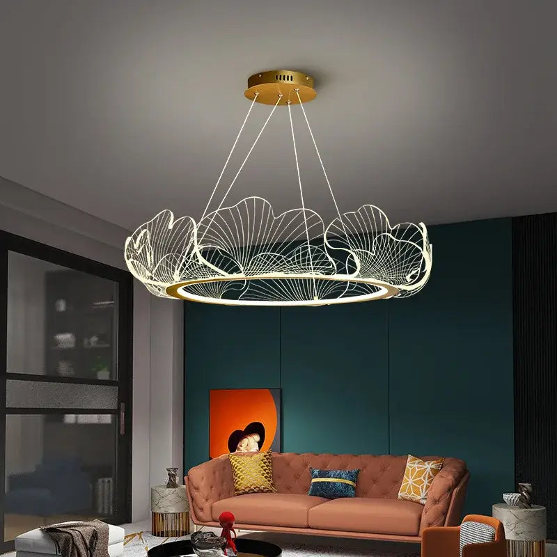 Gold-toned DecorBites ginkgo leaf pendant light with intricate overlapping ginkgo leaf chandelier design for living spaces
