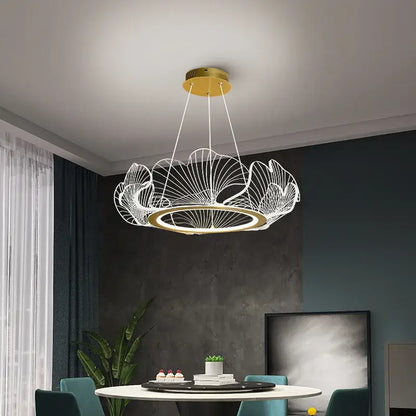 Decorbites ginkgo leaf pendant light featuring a white and gold leaf-shaped design with a circular base for living spaces
