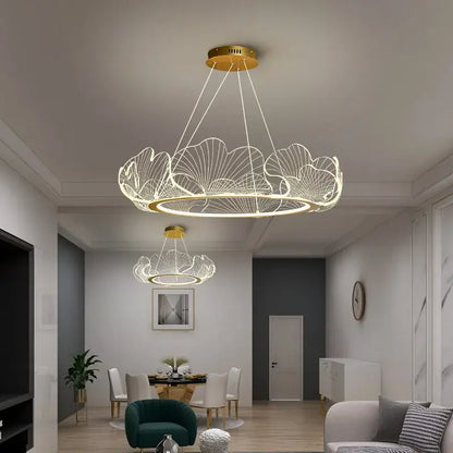 Gold-toned decorbites ginkgo leaf chandelier pendant light with intricate illuminated leaf design for living room use