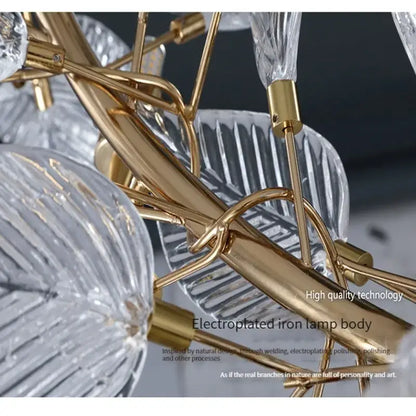 Gold electroplated iron decorbites ginkgo leaf chandelier with clear textured glass leaf crystal shades for elegant spaces