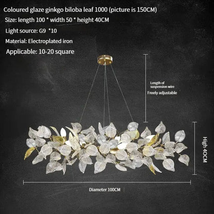Decorbites ginkgo leaf crystal chandelier with silver and gold translucent glass leaves for dining and living rooms