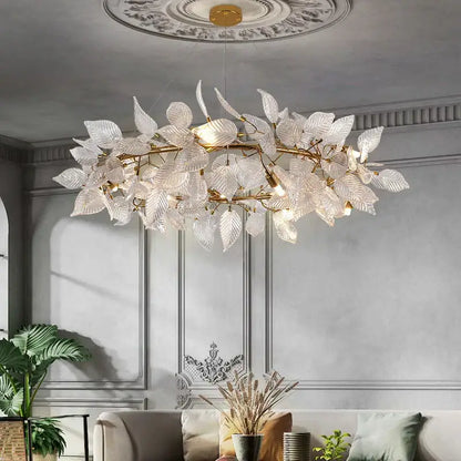Decorbites ginkgo leaf crystal chandelier with delicate glass leaves gold metal branches and warm led lighting for living room