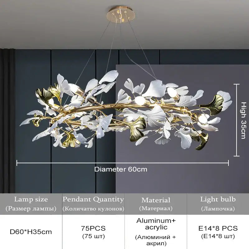 Elegant gold and white acrylic decorbites ginkgo leaf crystal chandelier with 75 led lights for home décor
