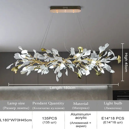 DecorBites ginkgo leaf crystal pendant light with white and gold acrylic leaves on aluminum base for home décor