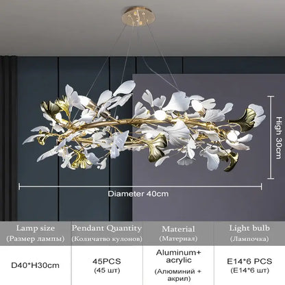 DecorBites ginkgo leaf crystal chandelier featuring white and gold aluminum leaf elements suspended from brass fixture