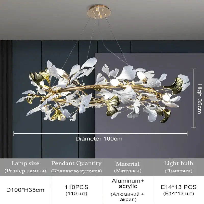 A modern 100cm decorbites ginkgo leaf crystal chandelier with gold aluminum frame and white acrylic leaves for home décor