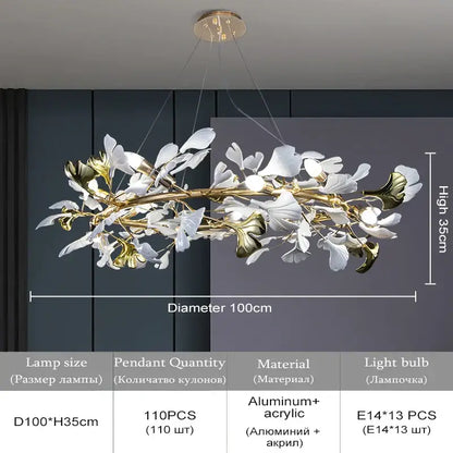A modern 100cm decorbites ginkgo leaf crystal chandelier with gold aluminum frame and white acrylic leaves for home décor