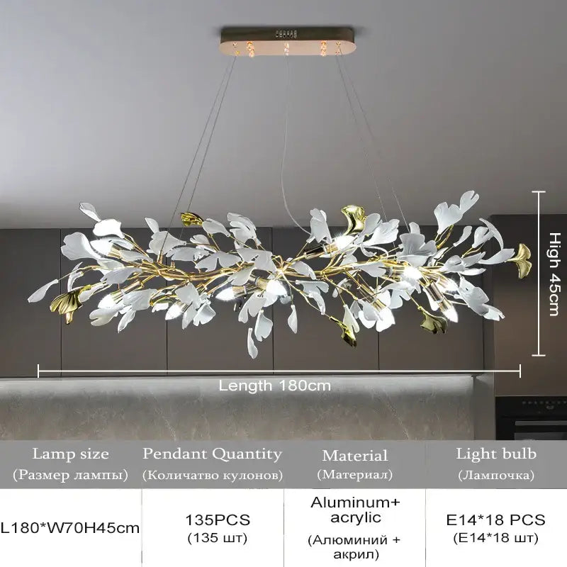 Decorbites ginkgo leaf crystal chandelier with white and gold acrylic leaves on aluminum base pendant light fixture