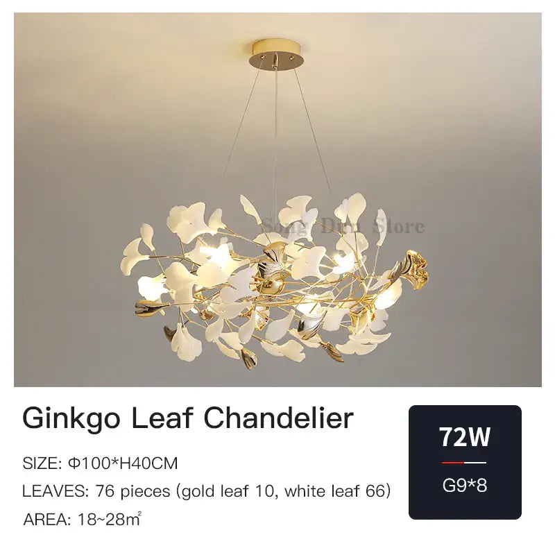 Elegant gold and white decorbites ginkgo leaf decor chandelier with 76 intricately crafted leaves for living room use