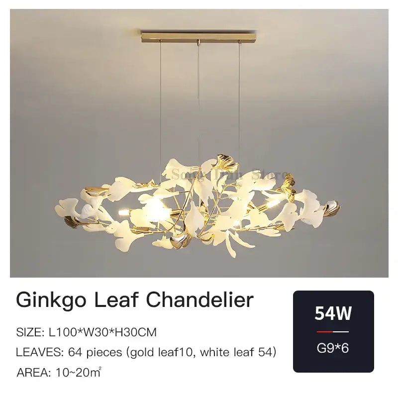 Elegant gold and white DecorBites Ginkgo Leaf decor chandelier with 64 intricately designed leaves for living room