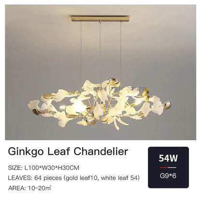 Elegant gold and white DecorBites Ginkgo Leaf decor chandelier with 64 intricately designed leaves for living room