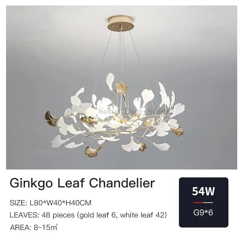 DecorBites ginkgo leaf leaf decor chandelier in white and gold with modern branching design for living room lighting
