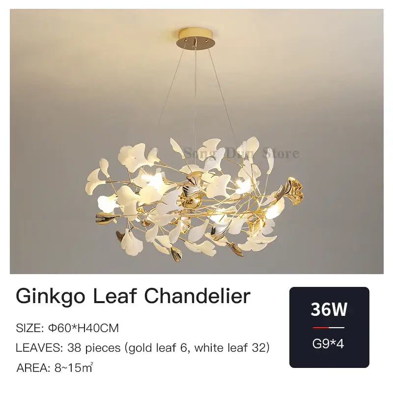 Decorbites ginkgo leaf leaf decor chandelier with 38 gold and white metallic leaves suspended by thin wires for living room