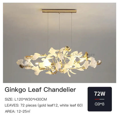 Decorbites ginkgo leaf decor chandelier with white and gold leaves hanging from a sleek brass fixture for living room