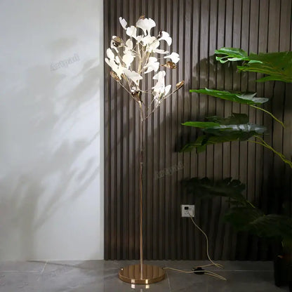DecorBites ginkgo leaf floor lamp with gold metal stand and white petal lights for living room and bedroom use