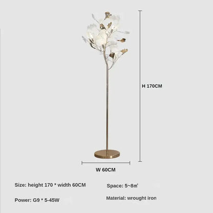Decorbites ginkgo leaf floor lamp with gold wrought iron base and white translucent flower shades for modern living rooms