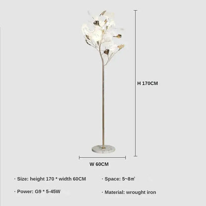 Decorbites ginkgo leaf floor lamp with white and gold leaf-shaped lights on polished brass stand for living room