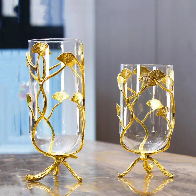 Decorbites ginkgo leaf metal flower stand vase with golden ginkgo leaf motif glass vases and metallic gold tripod bases