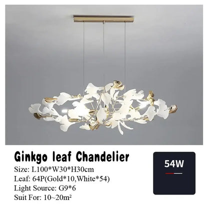 Elegant decorbites ginkgo leaf pendant chandelier with white translucent leaves and gold-toned metallic stems