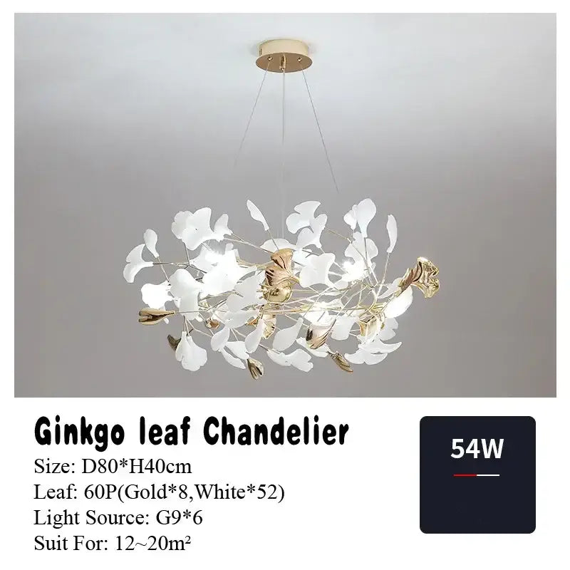 Elegant white and gold DecorBites ginkgo leaf pendant chandelier with modern airy design for vintage lighting decor