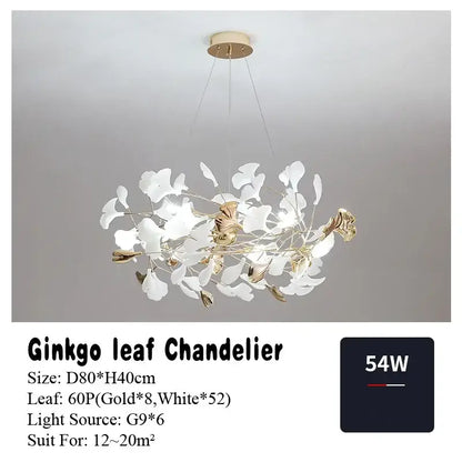 Elegant white and gold DecorBites ginkgo leaf pendant chandelier with modern airy design for vintage lighting decor