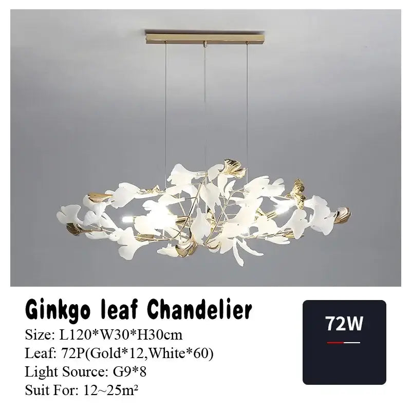 Elegant gold and white decorbites ginkgo leaf pendant chandelier with 72 led lights for vintage Nordic lighting
