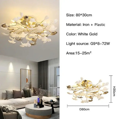White gold ginkgo leaf pendant chandelier by decorbites featuring iron and plastic with eight g9 bulbs for vintage lighting