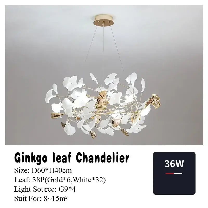 Elegant white and gold ginkgo leaf pendant chandelier by DecorBites featuring a modern organic Nordic vintage design