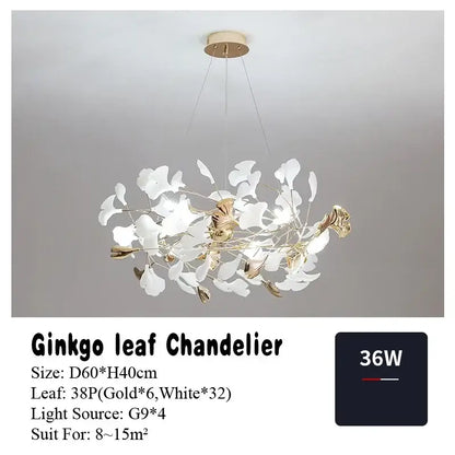 Elegant white and gold ginkgo leaf pendant chandelier by DecorBites featuring a modern organic Nordic vintage design