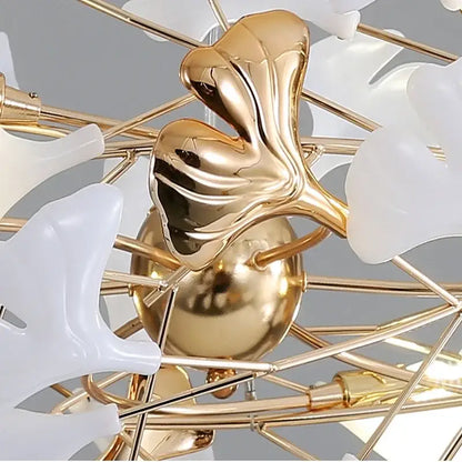 Gold-colored metallic decorbites ginkgo leaf pendant chandelier with white translucent petals for vintage lighting decor