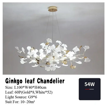 Elegant white and gold ginkgo leaf pendant chandelier with modern branching design by DecorBites Ginkgo Leaf