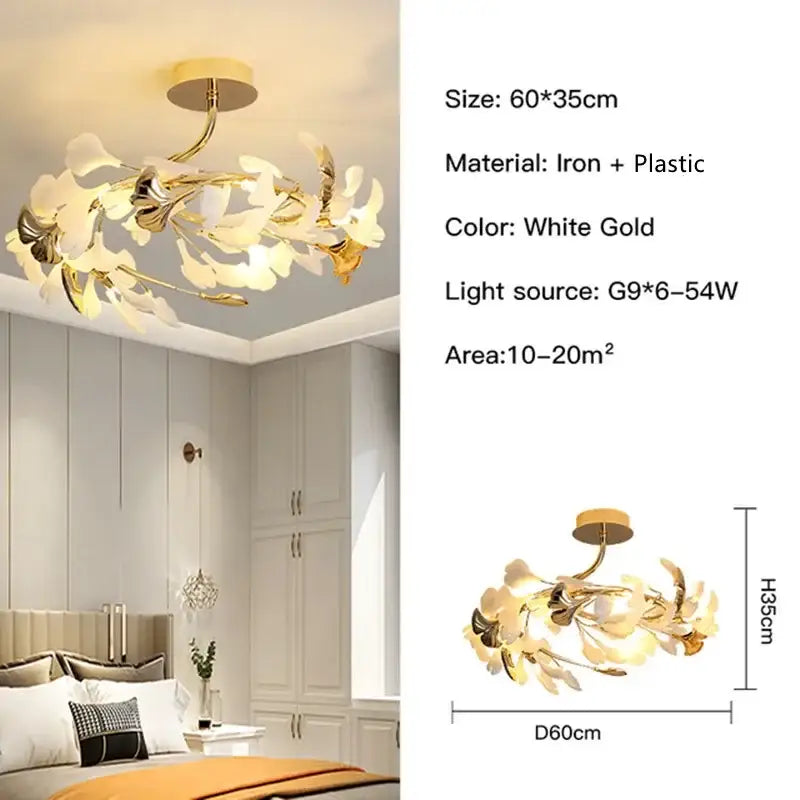 White gold decorbites ginkgo leaf pendant chandelier with iron and plastic floral ceiling light fixture