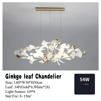 Elegant white and gold ginkgo leaf pendant chandelier by decorbites featuring a modern organic nordic design
