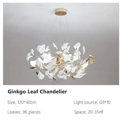 Decorbites ginkgo leaves chandelier with 96 white and gold leaves pendant lamp for hotel stairs and living room lighting