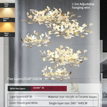 DecorBites Ginkgo leaves chandelier multi-layered gold and white iron pendant lamp for Nordic luxury interiors