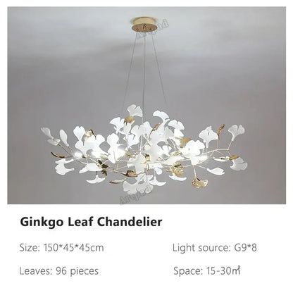 A delicate white and gold decorbites ginkgo leaves chandelier with 96 brass leaves for hotel and living room lighting
