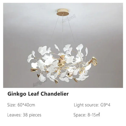 Decorbites ginkgo leaves chandelier with 38 white and gold leaves suspended from brass fixture, ideal for living room and hotel lighting