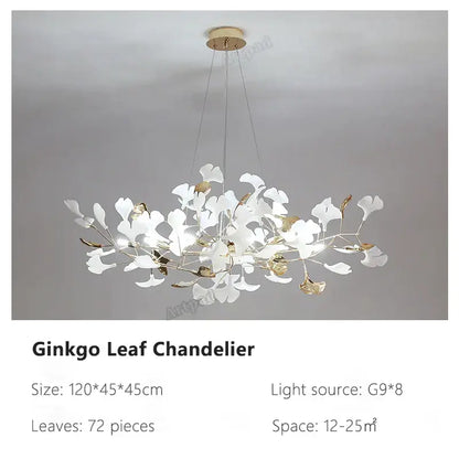 Decorbites ginkgo leaves chandelier featuring 72 white and gold leaves on brass for luxury hotel stairs living room lighting