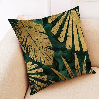 Decorbites ginkgo leaves linen cushion cover with golden textured palm leaves on emerald green for modern home decor