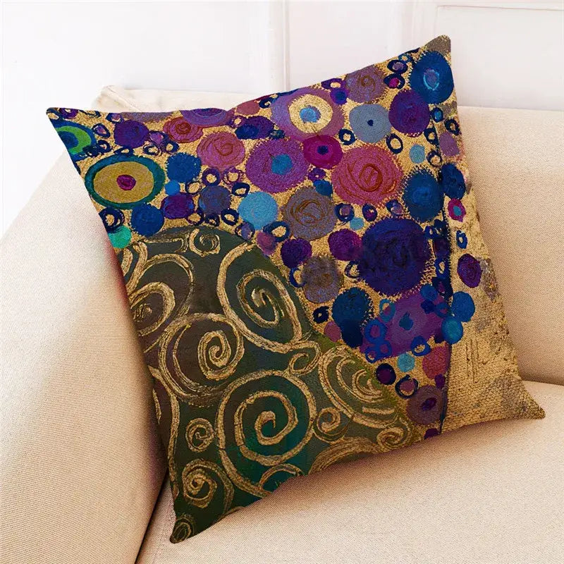 Vibrant decorbites ginkgo leaves linen cushion cover with swirling gold patterns and colorful circles on dark green background