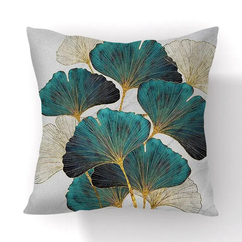 Square decorbites ginkgo leaves print sofa pillowcase with teal black and gold leaves on light gray fabric