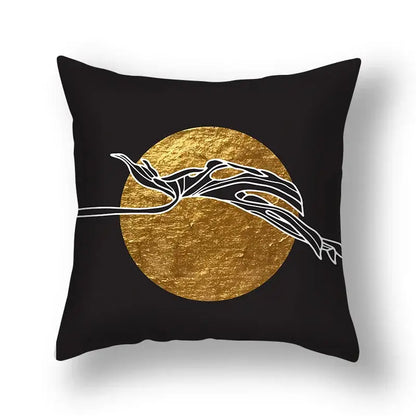 Black decorbites ginkgo leaves print sofa pillowcase 45x45cm with gold circle and white line-art figure silhouette