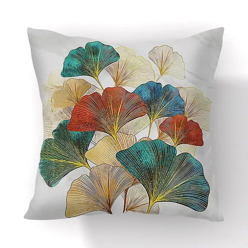 Decorbites ginkgo leaves print sofa pillowcase with vibrant teal red gold and cream leaves print on light gray background