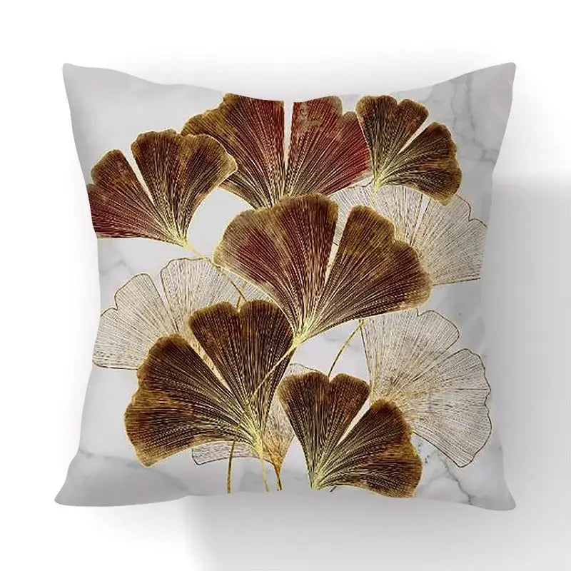 Decorbites ginkgo leaves print sofa pillowcase with golden brown ginkgo leaves on white marble for modern decor