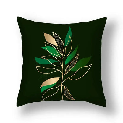 Dark green decorbites ginkgo leaves print sofa pillowcase with stylized leaf design in green and gold 45x45cm